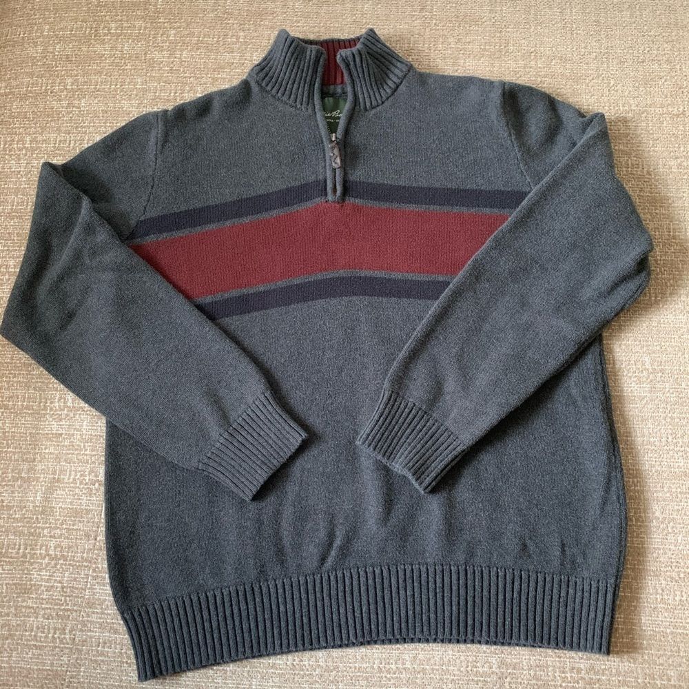 Eddie Bauer 1/4 Zip Sweater Men Size Large Gray/Burgundy Mediumweight Mock Neck